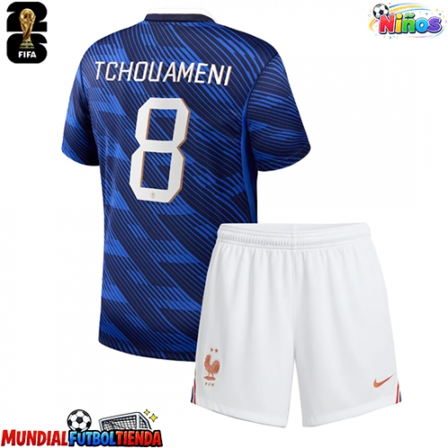 Camiseta Francia Aurelien Tchouameni #8 Primera Equipación Replica Mundial 2026 para niños mangas cortas (+ Pantalones cortos)